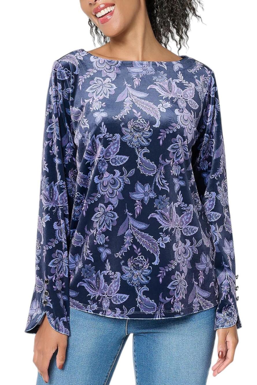 Denim & Co. Women's Printed Velvet Long Sleeve Boat Neck Top Navy - Plus